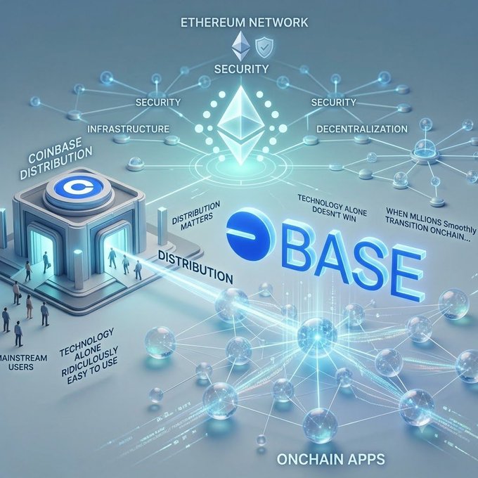 A 3D infographic illustrating the Ethereum network, security, Coinbase distribution, and Base connecting to onchain apps with glowing blue nodes and text.