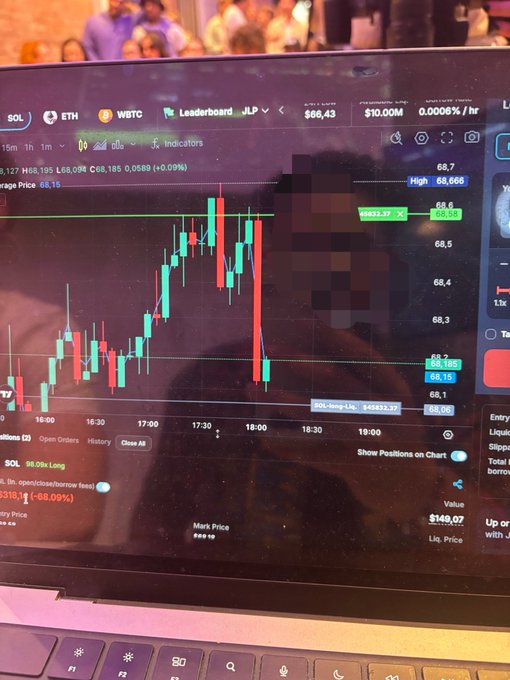 The image shows a laptop screen displaying a stock chart, with a red line indicating a downward trend in the stock market. The text "TLDR on my @JupiterExchange trading cup." suggests that this might be related to a trading account or a discussion about the stock market.