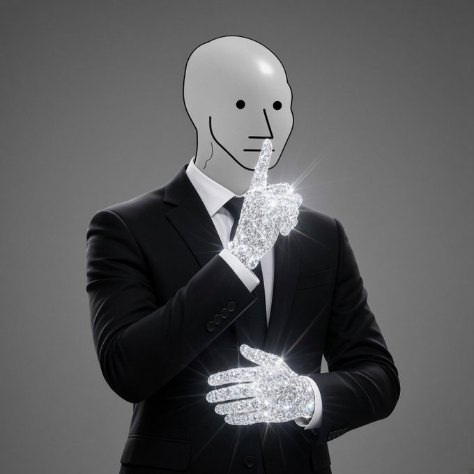 A faceless figure in a sharp black suit holds a finger to its lips in a "shh" gesture, with both hands shimmering in a glittery, pixelated silver texture. The image conveys secrecy and exclusivity, fitting the post's advice to quietly accumulate $NPC without revealing the move to others.