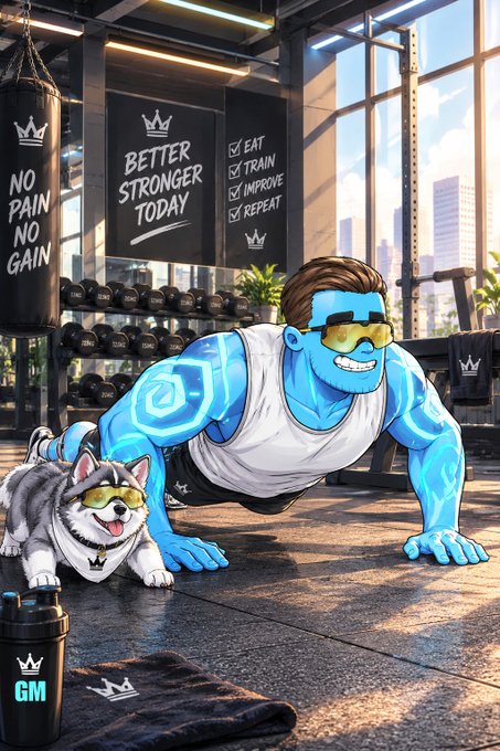 A colorful digital illustration depicting a muscular blue-skinned man wearing yellow sunglasses doing pushups alongside a husky dog wearing matching shades, set in a gym with motivational posters reading 'NO PAIN NO GAIN' and 'BETTER STRONGER TODAY' alongside a checklist for 'EAT, TRAIN, IMPROVE, REPEAT.'