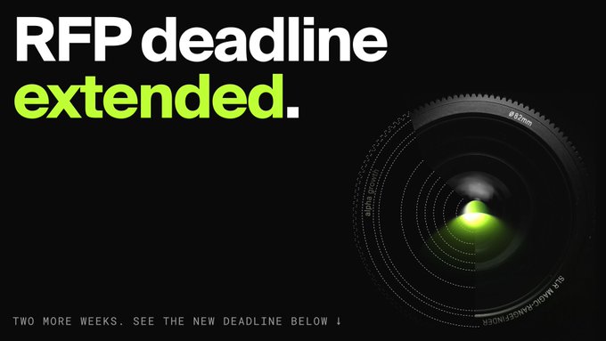Promotional banner with text 'RFP deadline extended.' in white and green, featuring a close-up of a camera lens (Ø82mm, SIX MAGIC RANGEFINDER) and smaller text reading 'TWO MORE WEEKS. SEE THE NEW DEADLINE BELOW ↓'.
