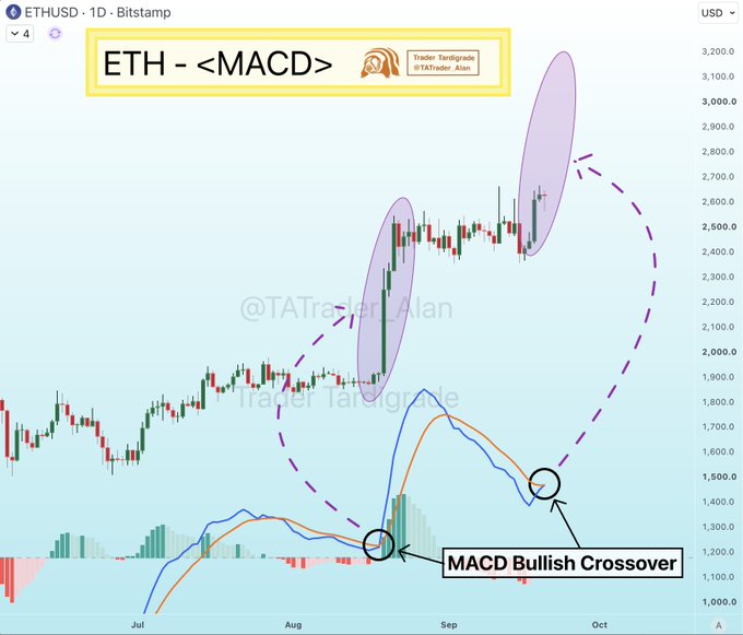 A daily ETH/USD candlestick chart from Bitstamp displays Ethereum's price action from July through October, with the y-axis ranging from approximately $1,000 to $3,200 USD, highlighting a "MACD Bullish Crossover" labeled with a black arrow pointing to the lower indicator panel where the MACD lines intersect near the $1,400 level. The chart features two purple-shaded ovals circling recent significant price rallies, with dashed purple arrows connecting a prior MACD crossover (around early August at ~$1,200) to a subsequent surge toward $2,500, and the current bullish crossover to a projected new high near $3,000, accompanied by watermarks reading "@TATrader_Alan" and "Trader Tardigrade."