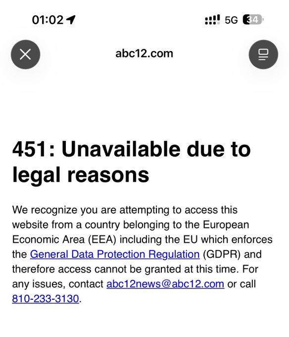 A screenshot of a 451 error message on abc12.com blocking access for users in the EEA/EU due to GDPR regulations.