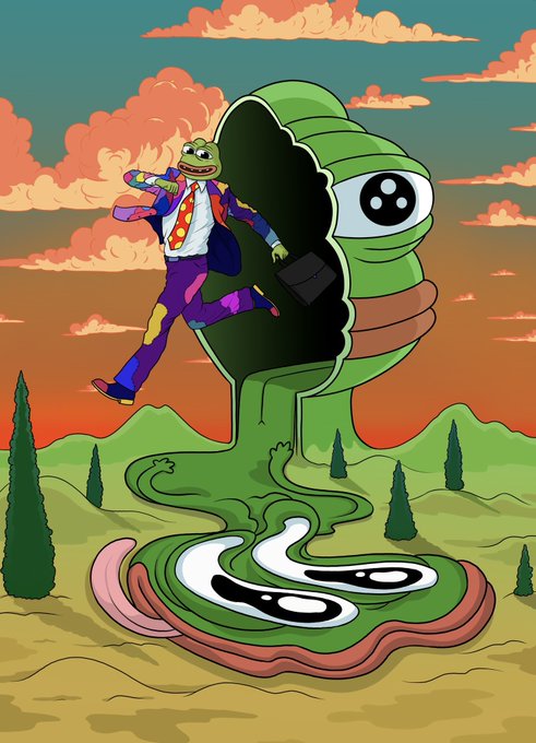 A stylized illustration shows a frog-like character in a colorful suit and sunglasses bursting out of a giant green shell, with a swirling, abstract landscape unfolding below against a vibrant orange and teal sky.