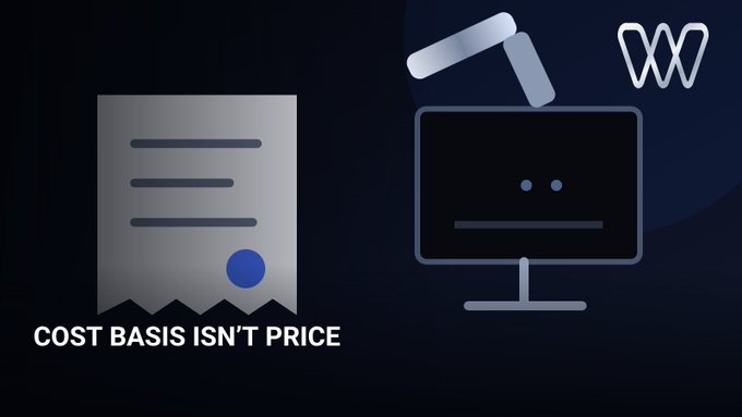 The image shows a stylized document with a seal labeled "COST BASIS ISN'T PRICE" alongside a minimalist computer monitor with a face design, visually reinforcing the distinction between a token's recorded value and its actual market price. This supports the post's message about Wire Network's pre-mainnet Liquidity Creation Offering, where $WIRE pre-tokens received by participants aren't yet tradeable and shouldn't be mistaken for having a market price.