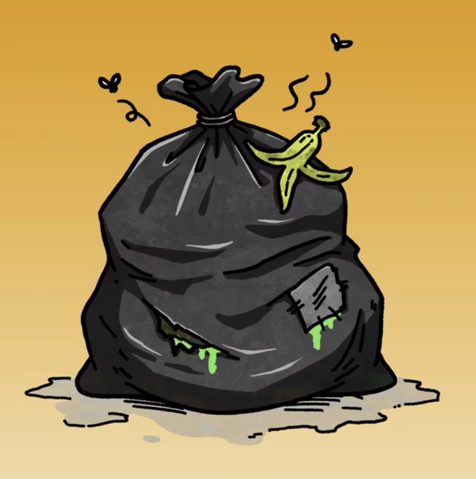 A cartoon illustration shows a tied black garbage bag with a banana peel sticking out, green slime dripping from tears in the bag, and flies buzzing around, set against an orange background.