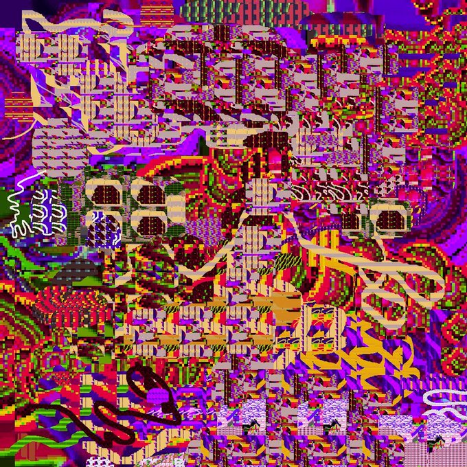 A chaotic, glitch-art style collage filled with vibrant magenta, purple, green, and yellow colors, featuring distorted patterns, text fragments, and pixelated textures.