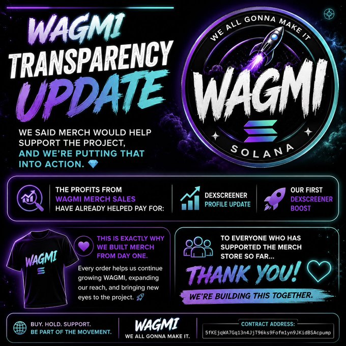 The image features a purple background with white text, which reads "Transparency Update" followed by "WAGMI Update". Below this, there are two bullet points explaining that WAGMI merchandise sales help fund the project for the DexScreener update and boost, as well as the first boost. The post also mentions that every order contributes to building the project and reaching new people.