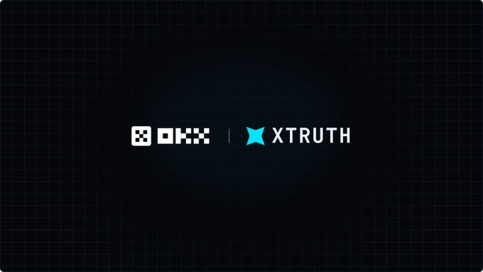 The image displays the OKX and XTruth logos side by side on a dark grid background, visually representing the partnership described in the post where XTruth now powers automated market resolution for OKX Onchain Outcomes, starting with the 2026 World Cup across 6 categories.