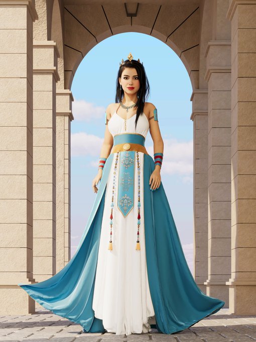 A regal woman wearing an elegant white and teal gown with golden accents and a small crown stands beneath a stone archway, embodying the "Lotus Queen" title of this 3D NFT artwork being auctioned on transient.xyz with a minimum bid of 0.01Ξ.