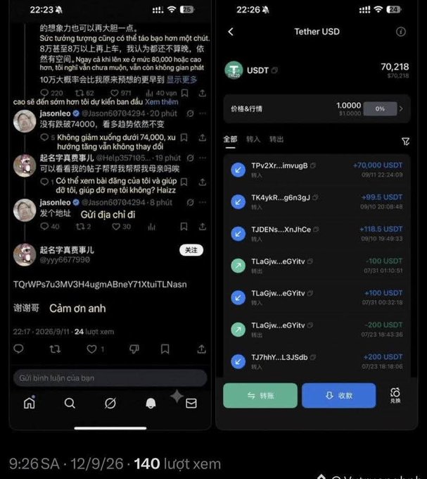Two smartphone screens side-by-side: the left shows a Twitter/X feed with Vietnamese text and a USDT crypto address, while the right displays a Tether USD crypto wallet interface showing a balance of 70,218 USDT.