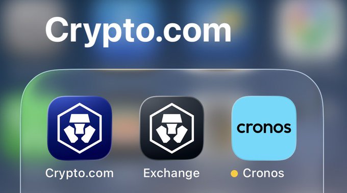 Screenshot of the Crypto.com app showing three app icons: 'Crypto.com', 'Exchange', and 'Cronos' under the Crypto.com banner.