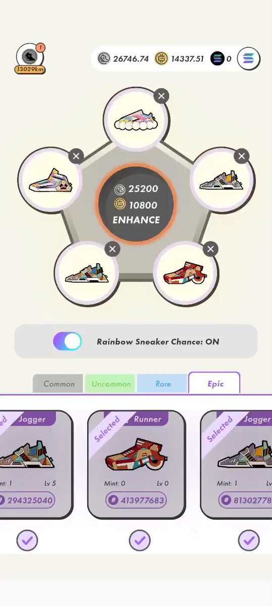 The image shows a phone screen displaying an app called "Rainbow Sneaker Changer" with five different sneakers available for purchase, each with unique colors and designs. The app allows users to browse through these options and make purchases directly from their phones.