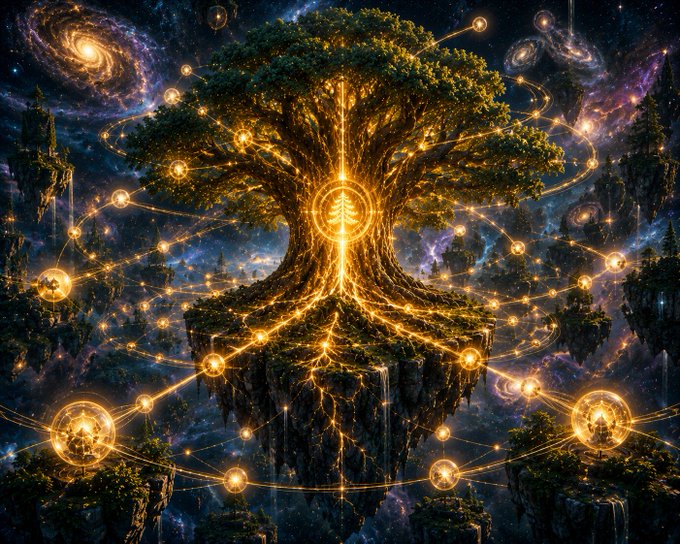 A glowing cosmic tree with interconnected golden nodes and energy streams represents a decentralized blockchain network, symbolizing how independent validators collaborate to verify and record transactions across the TON ecosystem.