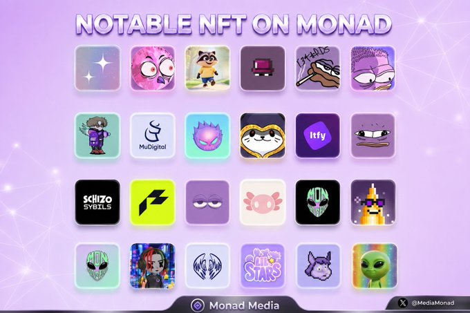 The image features a poster for Notable NFT on Monad, which is a collection of various images related to the concept of NFTs. The poster displays these images arranged in a grid format with different colors, including purple, pink, green, blue, and yellow. Each image represents a unique aspect or characteristic of NFTs, such as logos, characters, or icons. The post also includes text that provides information about the NFT concept and its various applications.