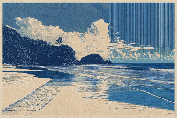 A blue-toned vintage illustration of a tropical beach scene with palm trees, rolling clouds, and ocean waves meeting the sandy shore.