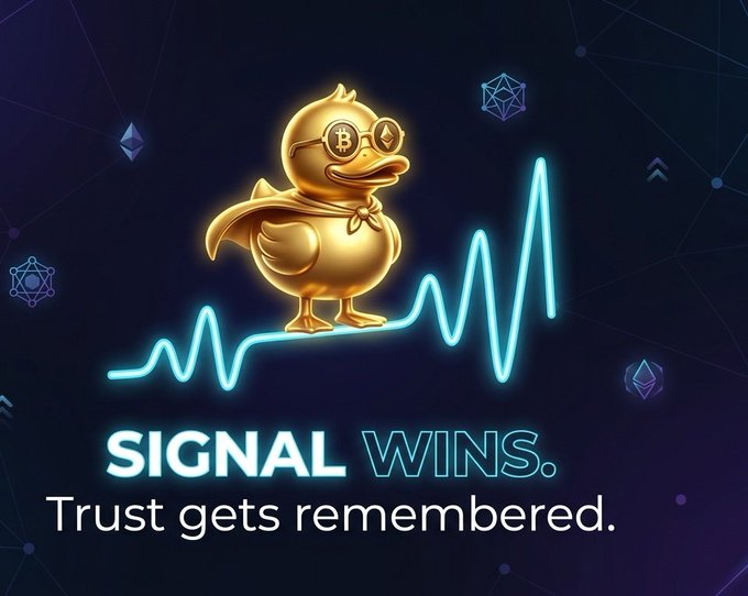 The image features a gold-colored duck standing on one leg with its wings spread out, wearing glasses and holding a golden key. The background of the image is dark blue, and there are neon lights scattered throughout the scene. The text "Signal Wins. Just gets remembered." is written in white at the bottom of the image.