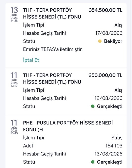 A screenshot of investment transactions showing a pending 354,500 TL buy order for **THF - Tera Portföy Hisse Senedi (TL) Fonu**, a completed 250,000 TL buy order for the same fund, and a completed sale of 154.103 units of **PHE - Pusula Portföy Hisse Senedi Fonu (H)**, reflecting the portfolio transition described in the post.