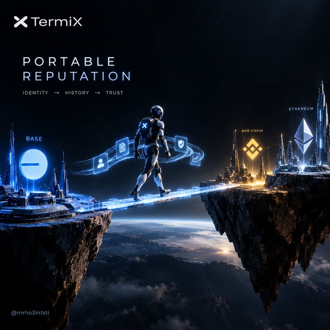 A dark, futuristic advertisement for 'TermiX - PORTABLE REPUTATION' showing an astronaut walking across a glowing bridge between floating islands labeled 'BASE', 'BNB CHAIN', and 'ETHEREUM'.
