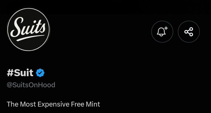 A Twitter/X profile header for "#Suit" (@SuitsOnHood) with a verified blue checkmark, displayed on a black background with the tagline "The Most Expensive Free Mint." The image aligns with the post's promotion of an early-stage free mint project on Robinhood Chain, reinforcing its identity as a newly launched, traction-gaining web3 account.