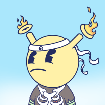 A cartoon yellow emoji-like character with a sad expression, flaming horns, and a white headband, wearing a traditional-style outfit against a blue background.