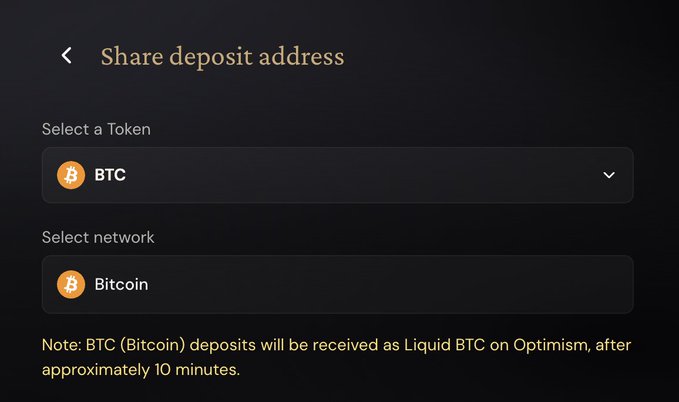 A deposit address interface showing BTC selected as the token on the Bitcoin network, with a note that BTC deposits will be received as Liquid BTC on Optimism after approximately 10 minutes. This supports the post's announcement about depositing native BTC onto the ether.fi card for real-world spending with cashback rewards.