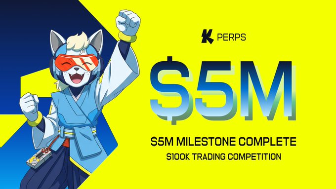 A yellow and blue promotional graphic for K-PERPS features an anime-style cat character celebrating, announcing '$5M MILESTONE COMPLETE - $100K TRADING COMPETITION'.