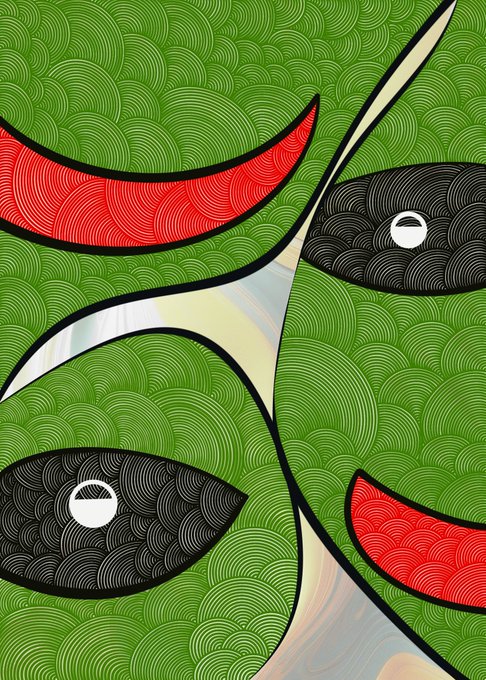 A decorative abstract artwork featuring a green patterned background with stylized eye-like shapes containing black circular pupils, red curved elements, and flowing light-colored swirls.