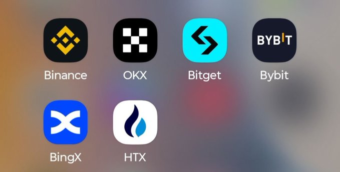 A smartphone screen displaying app icons for cryptocurrency exchanges: Binance, OKX, Bitget, Bybit, BingX, and HTX.