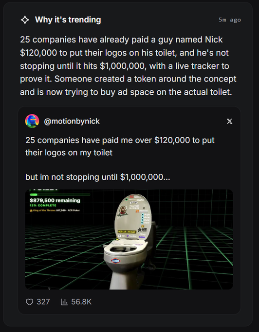 A trending post from @motionbynick showing that 25 companies have paid him over $120,000 to put their logos on his toilet, with a live tracker displaying $878,500 remaining toward his $1,000,000 goal, aligning with speculation that the $TOILET token will hit a million-dollar valuation.
