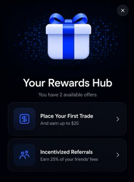 A mobile app screen displaying 'Your Rewards Hub' with offers including 'Place Your First Trade' (earn up to $25) and 'Incentivized Referrals' (earn 25% of friends' fees).