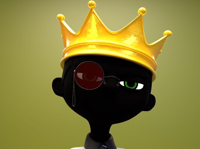 urn of gold with a red eye and black nose, wearing glasses and a crown, against a green background.