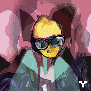 A stylized digital portrait of a hooded figure with a golden-yellow masked face and sunglasses, set against a pink background — matching the surreal, AI-generated aesthetic typical of Yetepey's NFT collection that was just swept for 0.0692 ETH.