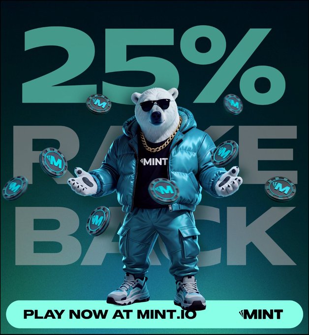 Advertisement for MINT featuring a 3D-rendered polar bear wearing sunglasses, a gold chain, and a teal puffer jacket, promoting '25% RAKE BACK' at mint.io.