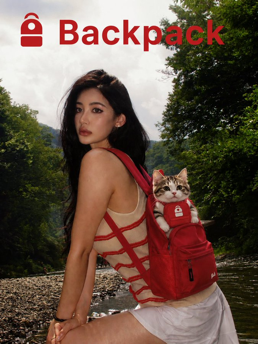 An advertisement-style image showing a woman with long dark hair wearing a red backpack with a cat inside, branded with 'Backpack' logo at the top.