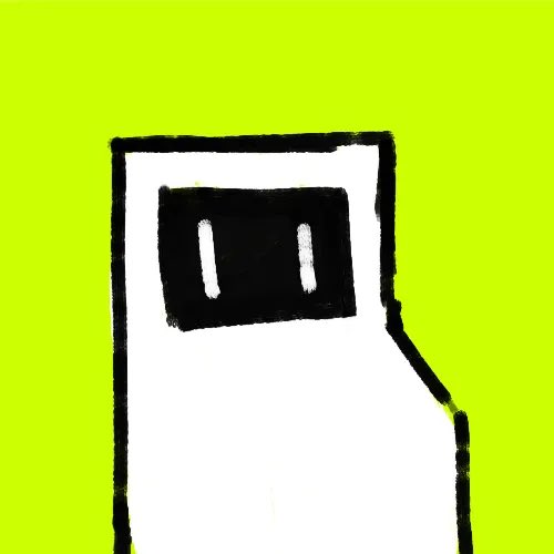 A simple hand-drawn doodle on a bright yellow-green background depicting a white character or object with a black rectangular face/screen containing two vertical white lines.