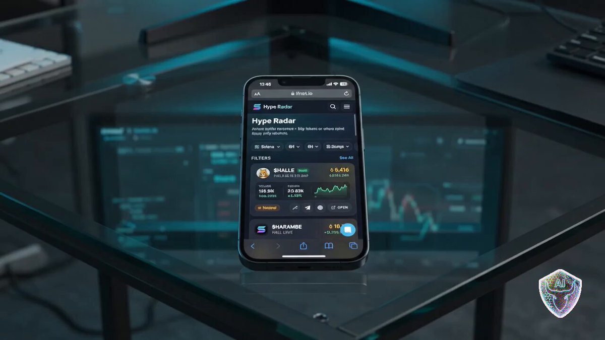 The image shows an iPhone sitting on top of a glass table with a computer monitor behind it, displaying a screen that says "ifnet.io Hype Radar". The phone's screen displays information about Bitcoin trading, including real-time freshness data, volume spikes, and massive buy pressure across multiple chains. This suggests that the user is actively engaged in tracking the latest trends and news related to Bitcoin trading on the internet.