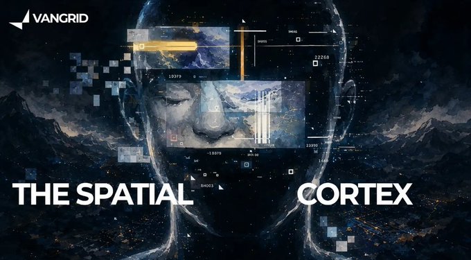 A futuristic graphic featuring a wireframe face with data overlays, branded with 'VANGRID' and the text 'THE SPATIAL CORTEX'.