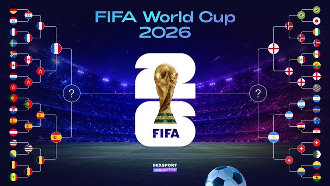 A graphic for the FIFA World Cup 2026 showing the tournament bracket with team flags, the World Cup trophy, and text 'FIFA World Cup 2026 2026 FIFA' along with 'DEXSPORT' and 'DRIBBLING' at the bottom.