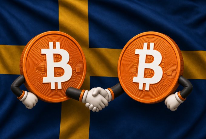 Two cartoon Bitcoin coins shake hands in front of the Swedish flag, symbolizing Sweden's H100 crypto treasury company completing a share-based deal to acquire a Norwegian firm holding 2,455 BTC, bringing its total holdings to 3,506 Bitcoin.