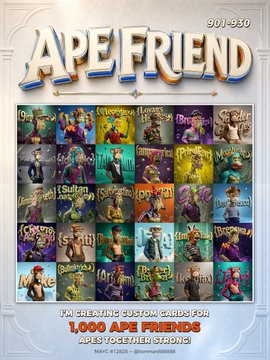 A promotional graphic titled "APE FRIEND 901-930" advertises a limited collection of 1000 custom APE FRIENDS cards for the BAYC x BOTHAN APE YACHT STRONG collaboration.