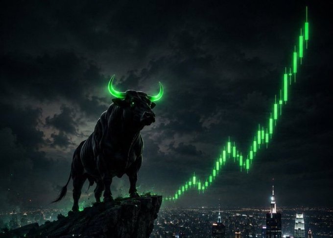 A dark, muscular bull with glowing green horns stands atop a cliff overlooking a city skyline, with a rising green candlestick chart ascending into the night sky behind it — symbolizing the bullish momentum and potential gains being sought in the memecoin market rally.