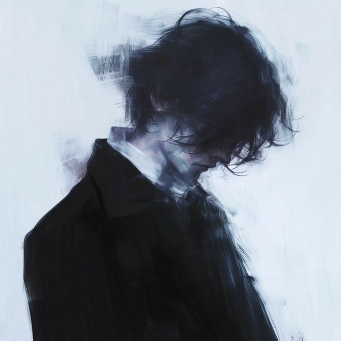 An impressionistic painting of a person with messy dark hair wearing a black coat, looking downward against a light blue-gray background.