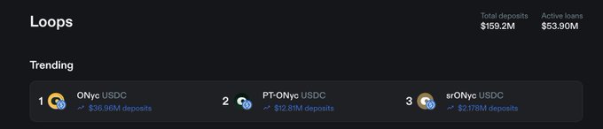A dashboard screenshot for "Loops" showing total deposits of $159.2M and active loans of $53.90M, with a trending section listing ONyc USDC ($36.96M deposits), PT-ONyc USDC ($12.51M deposits), and srONyc USDC ($2.178M deposits).
