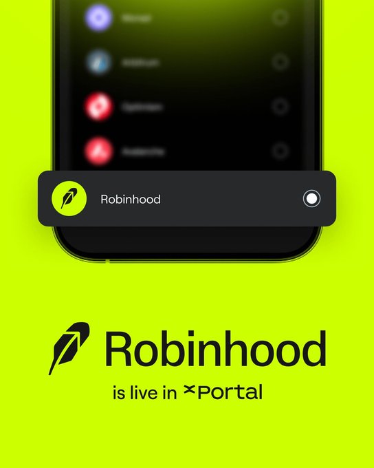 A smartphone displays the Robinhood app icon in a Portal interface against a bright green background, with bold text announcing "Robinhood is live in Portal." The image illustrates the integration referenced in the post, highlighting how users can now manage their Robinhood Crypto assets directly within xPortal.