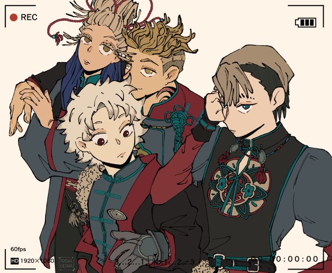 Four characters from the manga "Gachiakuta"—Tamsy, Enjin, Rudo, and Zanka—pose together in coordinated dark uniforms with teal accents, styled as a camera viewfinder recording with "REC" and "60fps" indicators visible on screen.
