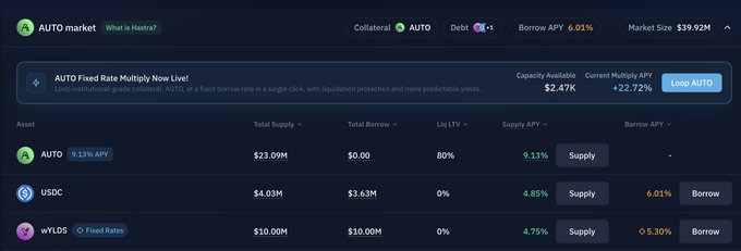 AUTO market dashboard shows a $39.92M market size with 2.47% capacity available, listing AUTO (5.13% APY, $23.09M supply), USDC, and wyLDS as available assets for supply or borrowing.