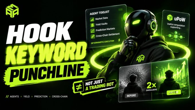 A promotional graphic titled 'HOOK KEYWORD PUNCHLINE' advertises a crypto/trading bot featuring an 'Agent Toolkit' with market data, yield vaults, prediction markets, and cross-chain settlement, noting 'uPoW useful computation supporting' and a '2x shoulders' improvement.