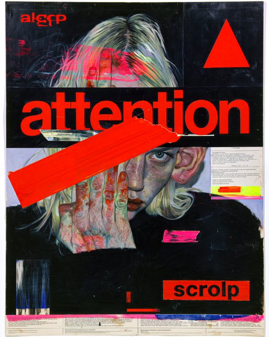 A punk-style mixed-media collage poster featuring red text reading 'attention' and 'scrolp', a painted portrait of a blonde figure covering their face with a scarred hand, and red tape-like elements over a distressed paper background.
