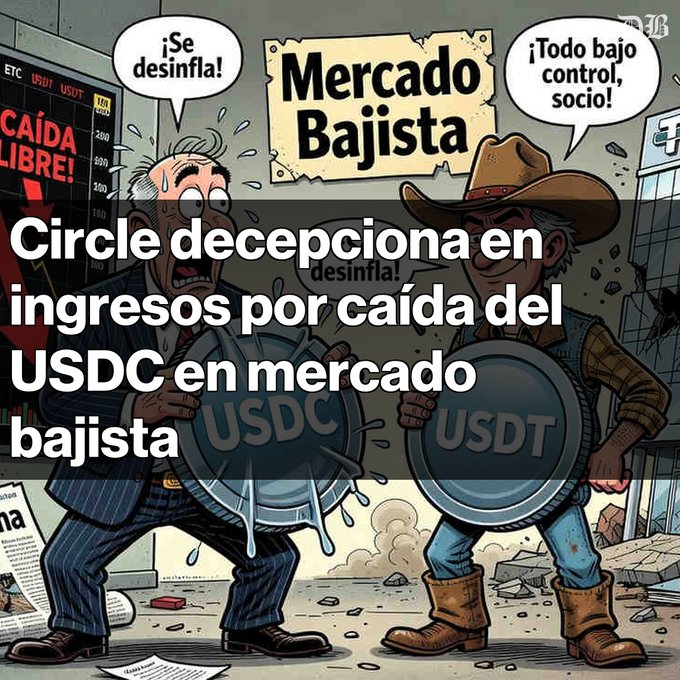 A cartoon illustration titled "Mercado Bajista" shows a panicked USDC character and a confident USDT character with speech bubbles saying "¡Se desinfla!" and "¡Todo bajo control, socio!," overlaid with text "Circle decepciona en ingresos por caída del USDC en mercado bajista."